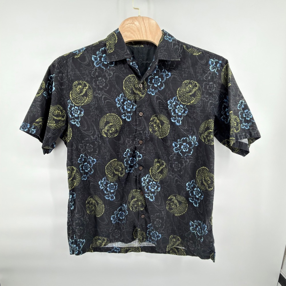 Tommy Bahama Button Down Mens XL Black Koi Fish Floral Cotton Silk Aloha Shirt